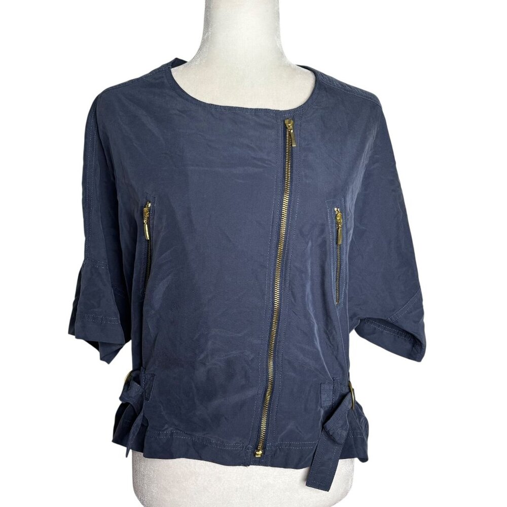 Paul Brial Navy Blue Asymmetrical Zip Jacket Top Size 5 Side Buckles Pockets